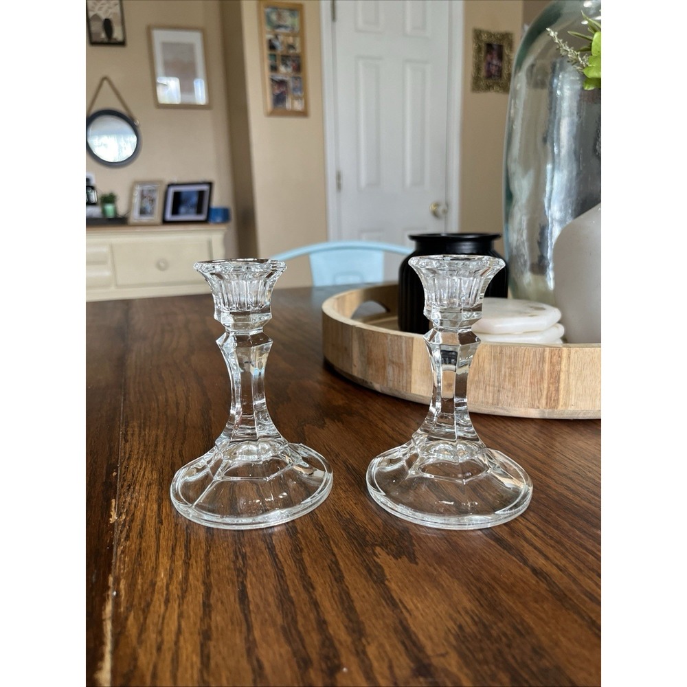 Clear Glass Candlestick Holders Set of 2 for Taper or Dinner Candles